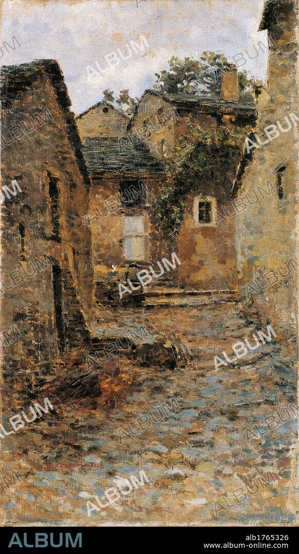 Gignese (Rural Landscape), by Eugenio Gignous, 19th Century, oil on canvas, cm 67 x 38,1. Italy, Lombardy, Milan, Banca Popolare di Milano Art Collection. All. Brown house rural road street chimney window village.