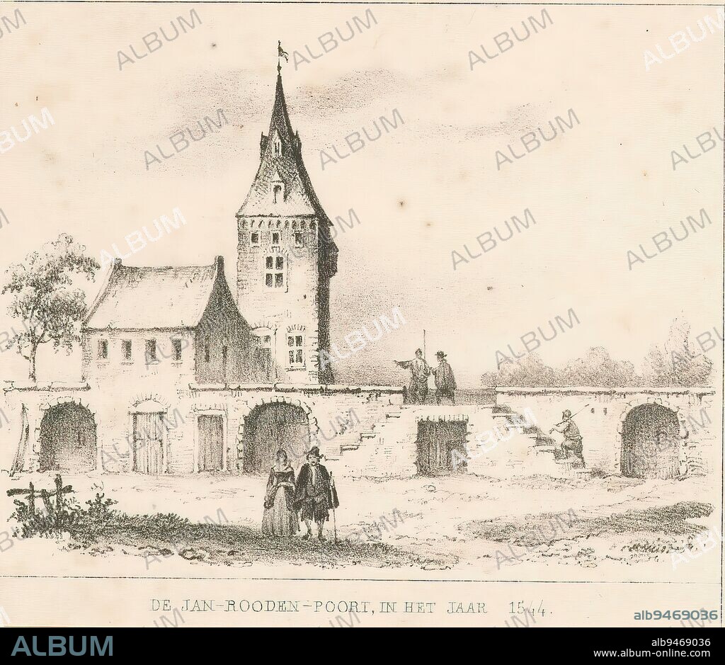 View of the Jan Roodenpoort in Amsterdam, 1544, The Jan-Rooden-Poort, in the year 1544 (title on object), View of the part of the city wall and the Jan Roodenpoort in Amsterdam, in the situation around 1544., print maker: Johannes Hilverdink, (possibly), printer: Ruurt de Vries, (possibly), publisher: Gebroeders Diederichs, Amsterdam, 1844, paper, height 101 mm × width 127 mm.
