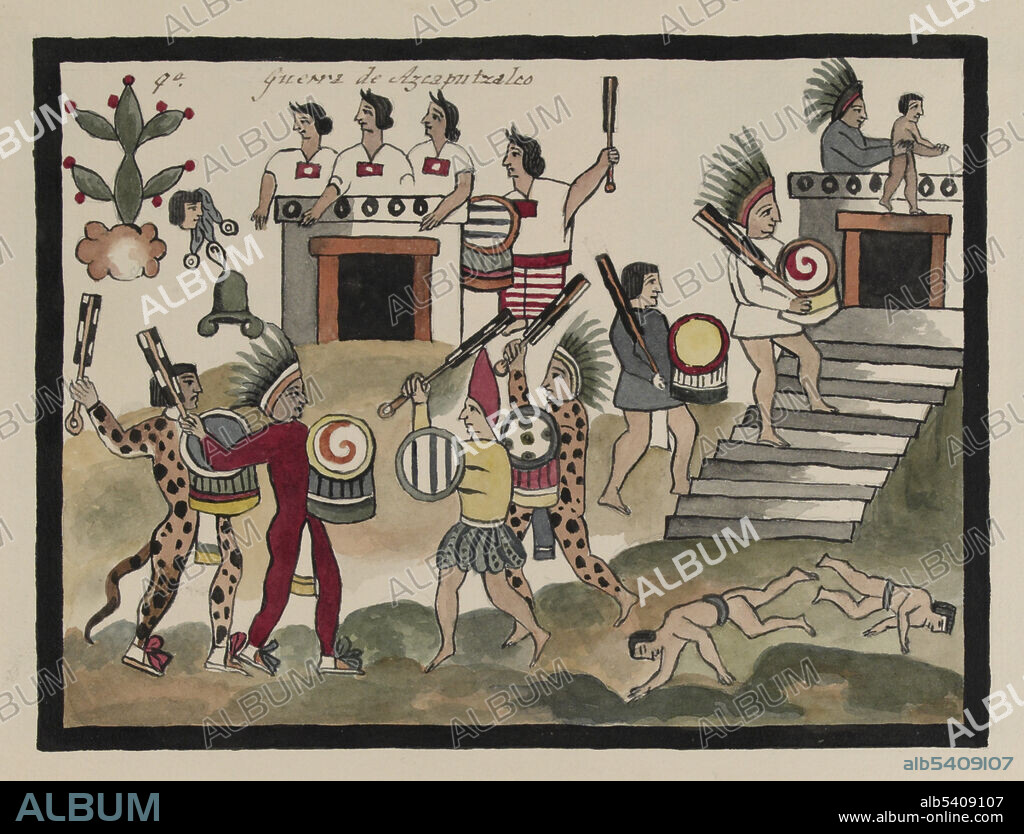 Entitled: Guerra de Azcaputzalco. Battle of Azcapotzalco. Two groups of soldiers are shown fighting with war clubs and shields in the foreground of the image. At the far left is a jaguar warrior, one of the elite soldiers of the Aztec, with the glyph of a flowering cactus above him. Next to him is a figure representing Axayácatl (1449-1481) the sixth tlatoani of the altepetl of Tenochtitlan and ruler of the Aztec Triple Alliance. Behind the soldiers is a dwelling with three women who make a sign of mercy with their hands. At right an infant is being sacrificed by a priest at a temple while two victims lie dead on the ground. Azcapotzalco, capital city of Tecpanec on Lake Texcoco, was the site of a battle in 1430 between Itzcóatl, the fourth Aztec emperor and Maxtla. Upon the defeat of Maxtla, the three cities of Tenochtitlan, Texcoco, and Tlacopan formed the new Aztec empire of the Triple Alliance.  Illustration taken from a 19th century transcript of Juan de Tovar's Historia de la benida de los yndios apoblar a Mexico (the Co´dice Tovar).