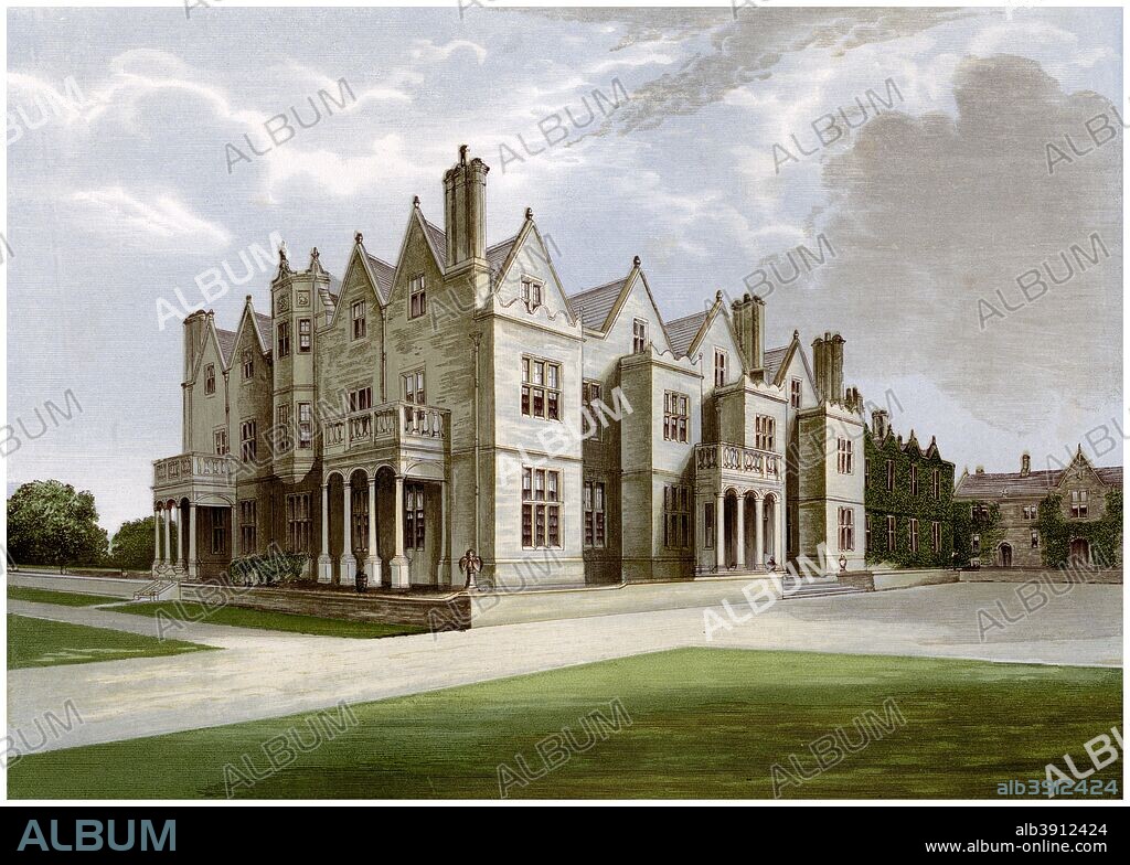 Acton Reynald Hall, Shropshire, home of Baronet Corbet, c1880. A print from A Series of Picturesque Views of Seats of the Noblemen and Gentlemen of Great Britain and Ireland, edited by Reverend FO Morris, Volume VI, William Mackenzie, London, c1880. Wood-engraved plates after paintings by Benjamin Fawcett and Alexander Francis Lydon.