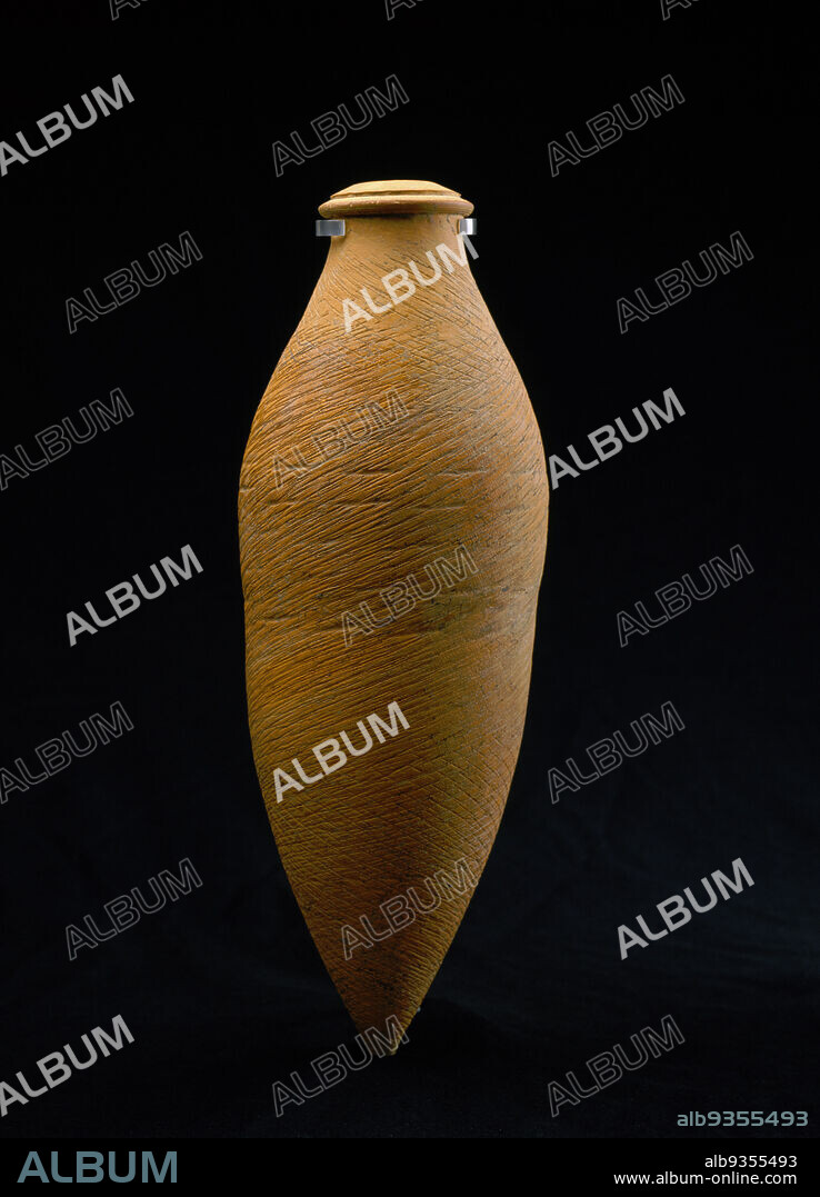 Water Jar, Yangshao culture, 50003000 BC, Chinese, Neolithic period, 80002000 BC, c.40003000 BC, Earthenware with impressed decoration, Banpo, Shaanxi province, China, Asia, Ceramics, containers, 19 1/8 x 6 3/8 in. (48.6 x 16.2 cm).
