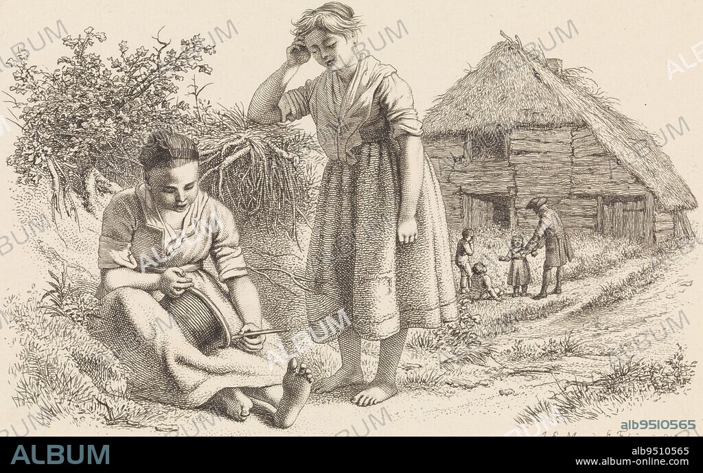 A seated and a standing young woman, both barefoot, with a farm barn in the background. Behind them a man with three children, Two women and a man with children in front of a farmer's barn Study printwork, Etudes grav, print maker: Jacob Ernst Marcus, (mentioned on object), Amsterdam, Feb-1815, paper, etching, h 142 mm × w 228 mm.