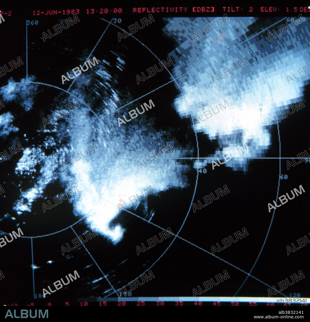 Classic appearing tornado hook echo on bottom of thunderstorm in lower left quadrant of scope. Apparently a storm in eastern Colorado or southwest Nebraska as Storm Data shows tornadoes only in that area on given date. June 12, 1983. The hook echo is one of the classical hallmarks of tornado-producing supercell thunderstorms as seen on a weather radar. The echo is produced by rain, hail, or even debris being wrapped around the supercell. The National Weather Service considers the presence of a hook echo as sufficient to justify issuing a tornado warning.