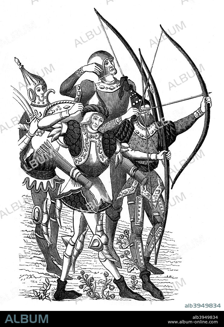 Frankish archers, 15th century, (1870). A wood engraving of the painted hangings in the town of Rheims. Illustration from The Arts of the Middle Ages and at the Period of the Renaissance, by Paul LaCroix, London, 1870.