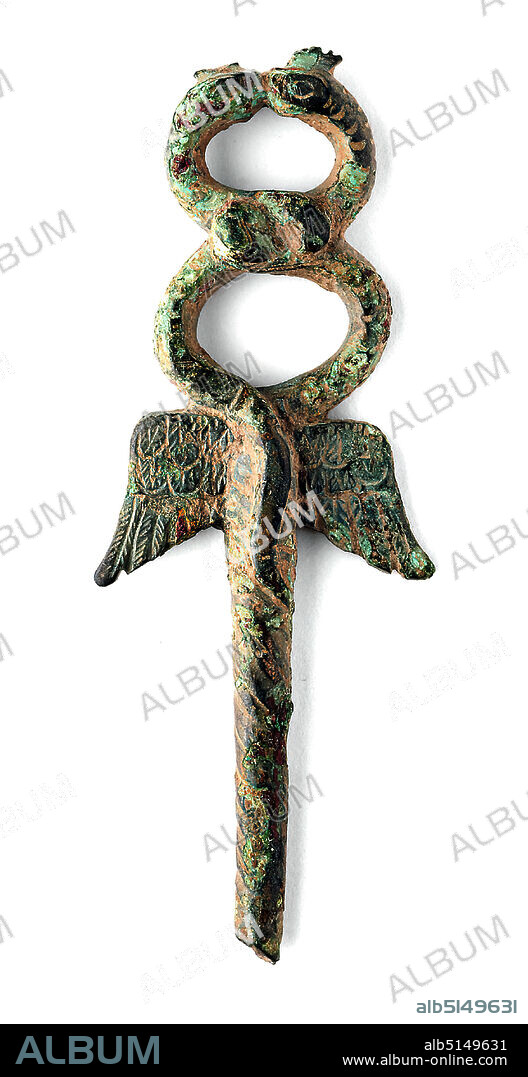Herald's staff (Caduceus, Kerykeion), bronze, cast, engraved, hallmarked, bronze, Total: Height: 8.6 cm; Width: 2.2 cm, Rituals and ceremonies, votive gifts, snakes, bird feathers, Early Imperial period, Roman antiquity, In this small-format Kerykeion the shaft is turned, the back slightly flattened and little worked out. The upper section is flanked by two wings decorated with three rows of carefully engraved feathers. The snake bodies are scaled and knotted together at the crossing. The tail of one snake rests on the upper base of the stick shaft. The small size of the herald's staff probably indicates that it served as an attribute of a statuette - probably of the god Hermes.