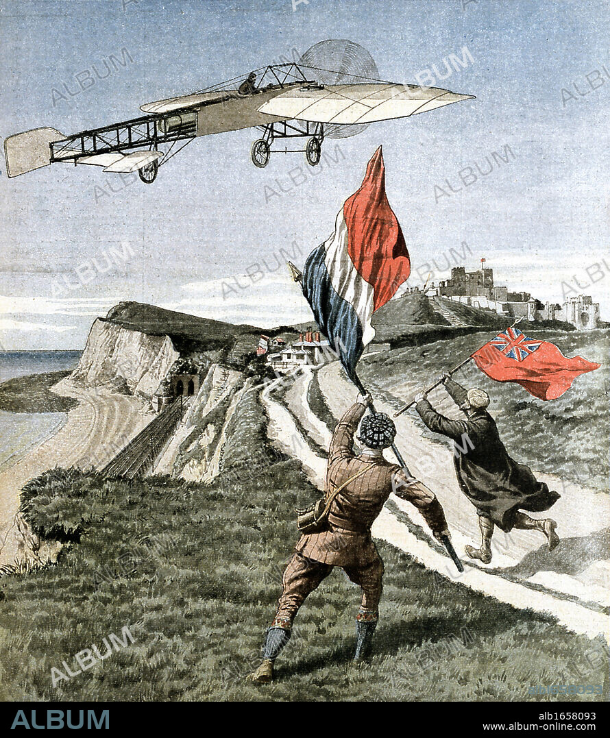 Louis Bleriot (1872-1936), French aviator, flying over the cliffs at Dover after crossing the English Channel from Les Boraques near Calais, France, in his monoplane Bleriot XI on 25 July 1909. Illustration from French Le Petit Journal, Paris, 8 August 1901.