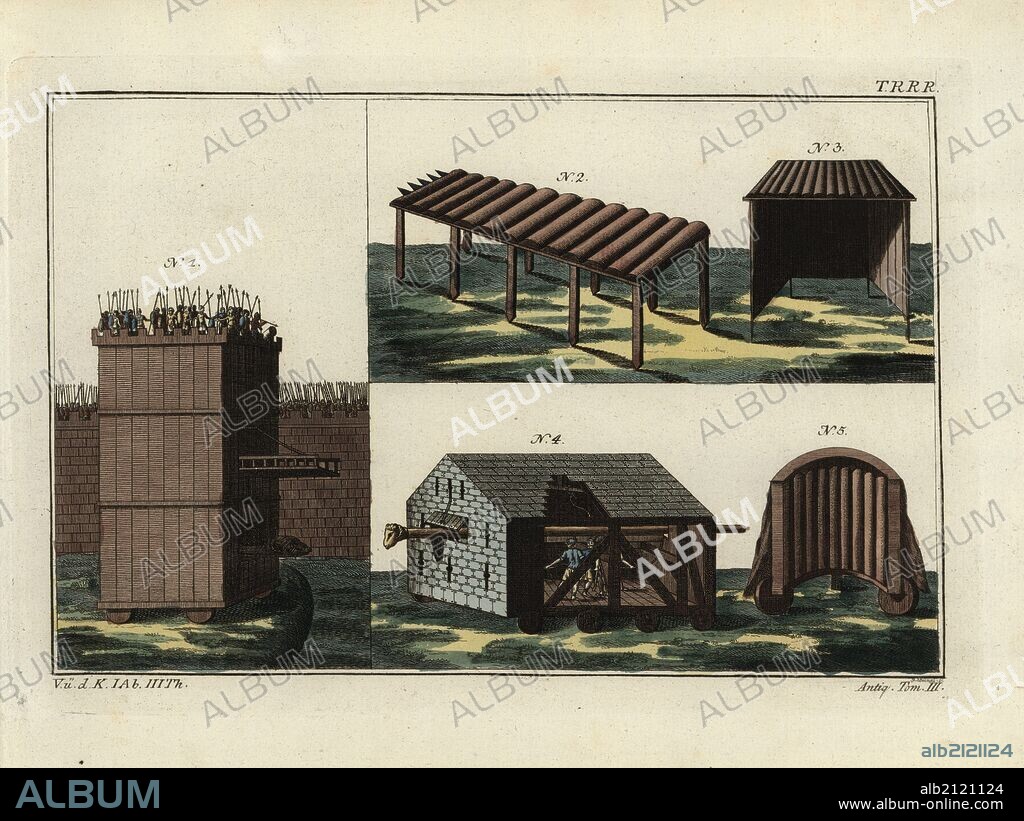 Roman siege tower, war machines and battering ram. Handcoloured copperplate engraving by Paul Weindl from Robert von Spalart's "Historical Picture of the Costumes of the Principal People of Antiquity and of the Middle Ages," Chez Collignon, Metz, 1810.
