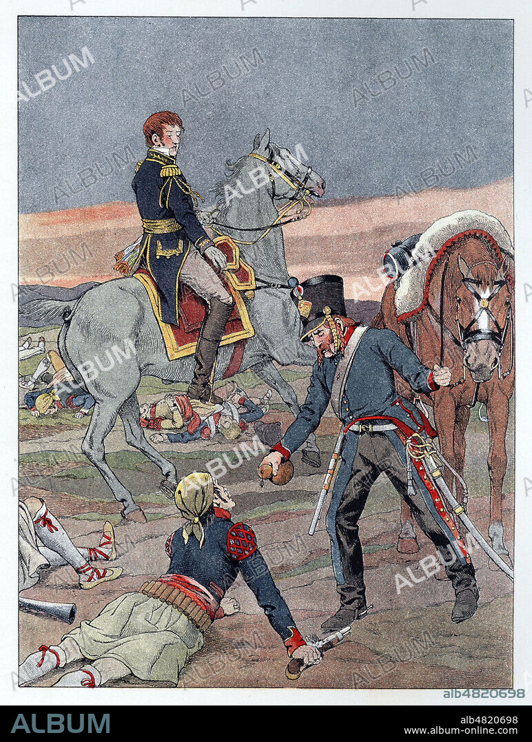 Donne lui tout de meme a boire" dit le general HUGO pour 'Apres la bataille' poeme tire de La Legende des Siecles de Victor HUGO (1802-1885). Son pere fait donner a boire a un ennemi espagnol blesse qui vient de lui tirer dessus). Illustration de 1929 par JOB (1858-1931) pour Quand nos grands ecrivains etaient petits de Emile HINZELIN (1857-1937). Credit : Collection Jonas/Kharbine-Tapabor.