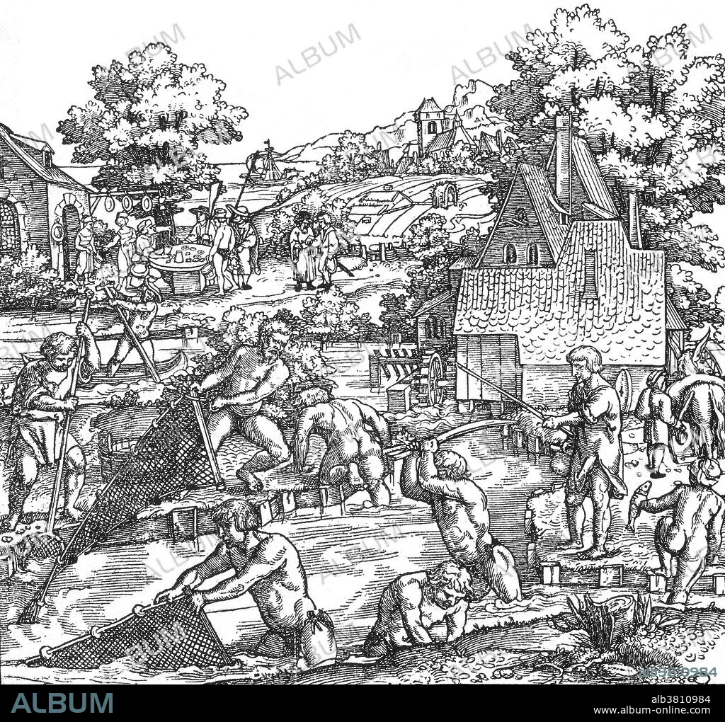 Lower portion of woodcut (see BV0761 for full) attributed to two artists. "Life of the Children of the Moon" by Georg Pencz (1500-1550), in the Folge der Planeten and "The Moon and Its Traits" by Hans Sebald Beham. Fishing scene. Fishing is an ancient practice dating back at least 40,000 years. Fish are normally caught in the wild. Techniques for catching fish include hand gathering, spearing, netting, angling and trapping.