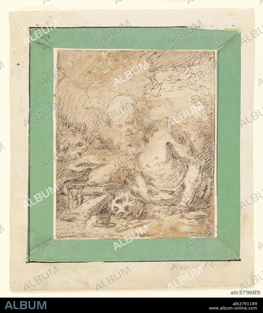 BARTOLOMÉ ESTEBAN MURILLO. Bartolomé Esteban Murillo / 'San Jerónimo'. Segunda mitad del siglo XVII. Grafito, Pluma sobre papel agarbanzado, 118 x 100 mm.