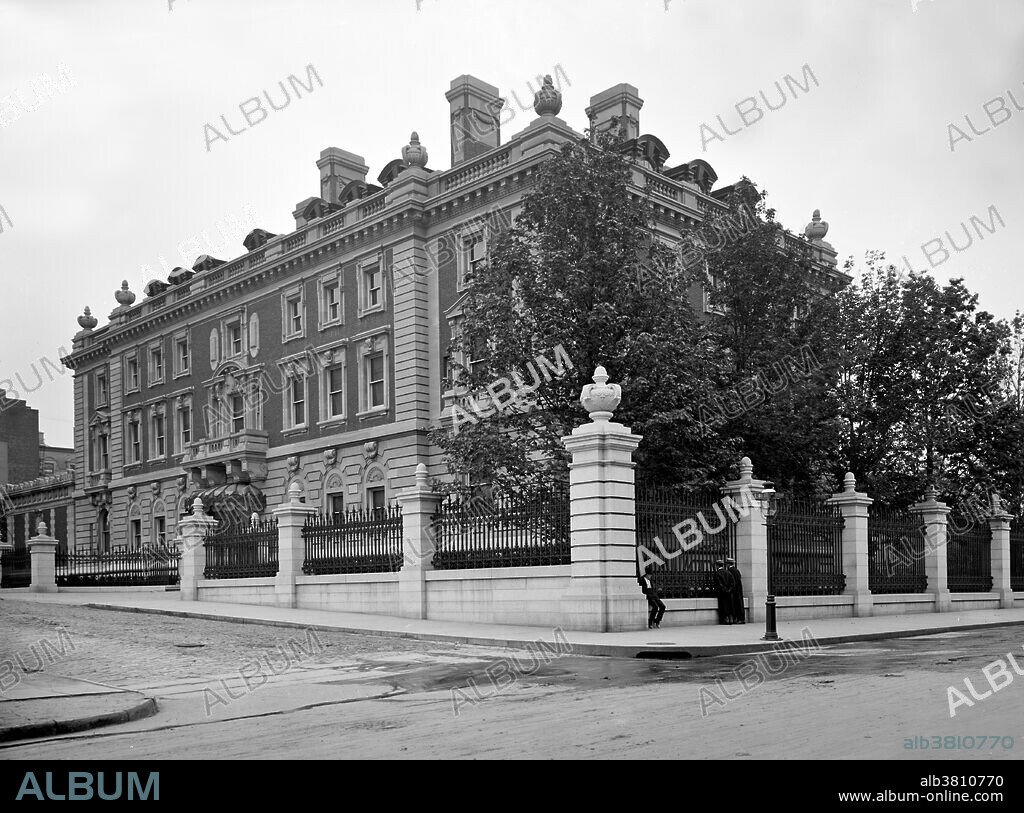 The Andrew Carnegie Mansion is located at 2 East 91st Street at Fifth Avenue in Manhattan, New York City, New York. Andrew Carnegie built his mansion in 1901 and lived there until his death in 1919; his wife, Louise, lived there until her death in 1946. The building is now the Cooper-Hewitt, National Design Museum, part of the Smithsonian Institution. The surrounding neighborhood on Manhattan's Upper East Side has come to be called Carnegie Hill. The mansion was named a National Historic Landmark in 1966. The Gilded Age mansions were built in the United States in a short historic period spanning between the 1870s until about 1900. Raised by the nation's industrial, financial and commercial elite who amassed great fortunes coinciding with an era of expansion of the railroads, steel and fossil fuels industries, economic, technical and scientific progress, and a complete lack of personal income tax. This made possible the very rich to build mansions designed by prominent architects of its day and decorated with antiquities, furnitures, collectibles and works of art, many imported from Europe. Photographed by Detroit Publishing Company, 1903.