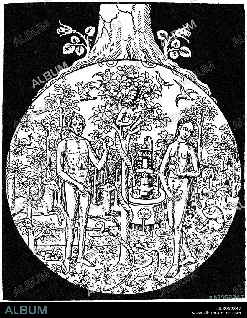 Adam and Eve, 1505 (1964). from Antoine Vérard's Bible en Francoys, A print from A History of Wood Engraving, by Douglas Percy Bliss, Spring Books, London, 1964.