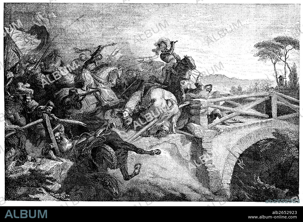 Pierre Terraill de Bayard (1476-1524), Bayardo, noble francés, defendiendo el puente sobre el río Garigliano durante la segunda guerra de Nápoles entre tropas francesas y españolas. Grabado de 1863.