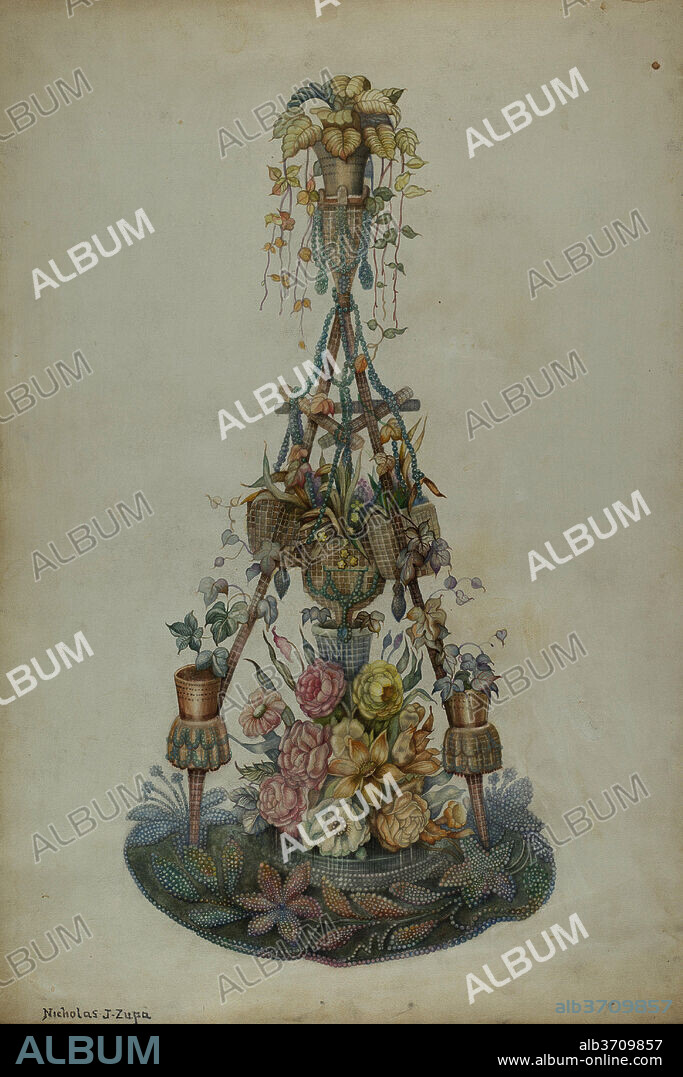 NICHOLAS ZUPA. Parlor Flower Stand. Dated: c. 1939. Dimensions: overall: 51.7 x 35.5 cm (20 3/8 x 14 in.)  Original IAD Object: none given. Medium: watercolor, colored pencil, and graphite on paperboard.