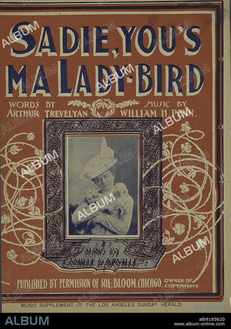 'Sadie, you's ma lady-bird', 1901. 'Words by Arthur Trevelyan, music by William H. Penn; sung by Camille D'Arvalle; music supplement of the Los Angeles Sunday Herald'. From a collection of sheet music, some examples of which depict African Americans in a derogatory way. Other examples are songs by white musicians purporting to be black.