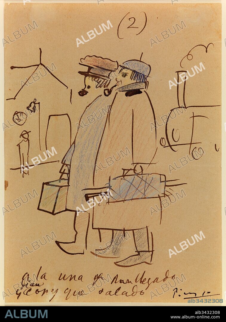 Pablo Picasso / "Picasso y Junyer i Vidal llegan a la frontera", 1904, Dibujo sobre papel (tinta, lapices de colores), 22 x 16 cm, MPB 70804.