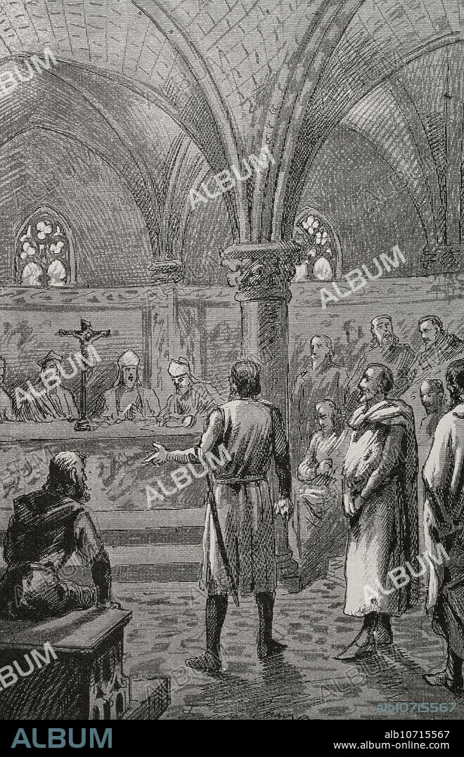 VII Council of Tarragona, 1312. It was presided over by Guillem de Rocabertí, archbishop of Tarragona (1309-1315). Session of the council in which the Knights Templar of the Crown of Aragon were judged. On 7 July 1312 they were declared innocent, and their property became owned by the Knights Hospitaller, with the exception of that of the Temple of Valencia, where the Order of Montesa was created. Engraving. "Glorias Españolas" (Glories of Spain). Volume II. Published in Barcelona, 1890.
