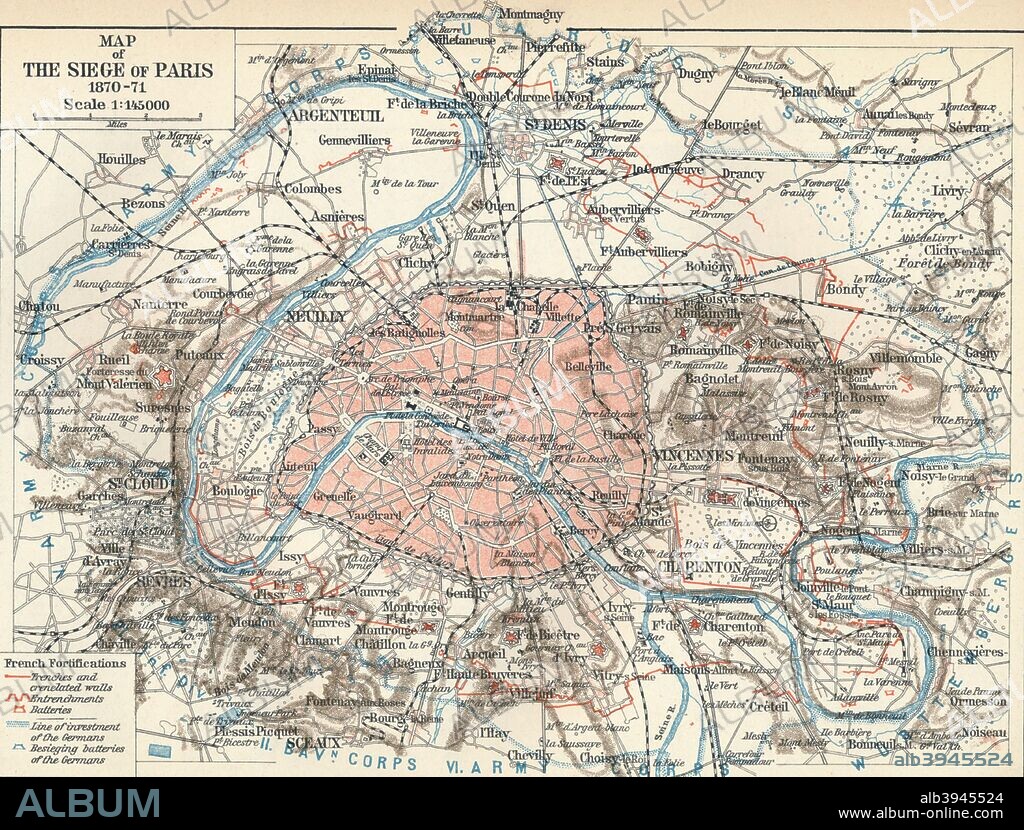 'Map of The Siege of Paris, 1870-71', 1907. The Siege of Paris and the consequent capture of the city by Prussian forces, led to French defeat in the Franco-Prussian War and the establishment of the German Empire as well as the Paris Commune. From The World's History, Volume VIII, by Dr. H. F. Helmolt. [William Heinemann, London, 1907].