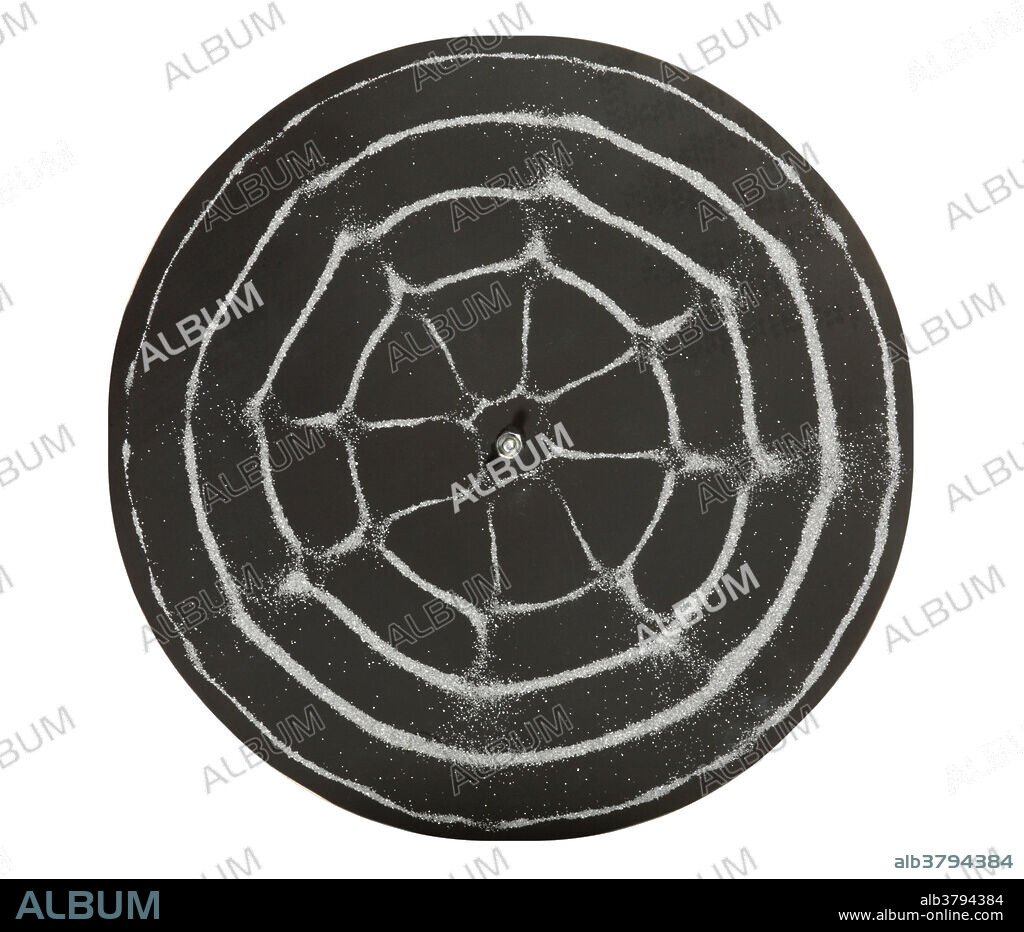 Chladni Oscillations are a standing wave pattern visualized by vibrating a metal plate. These formations, known as Chladni patterns, occur when fine particles, such as grains of sand or salt, form a unique pattern in response to pure tone vibrations such as musical notes. When the plate is driven at a resonate frequency the sand grains will collect in the nodes.