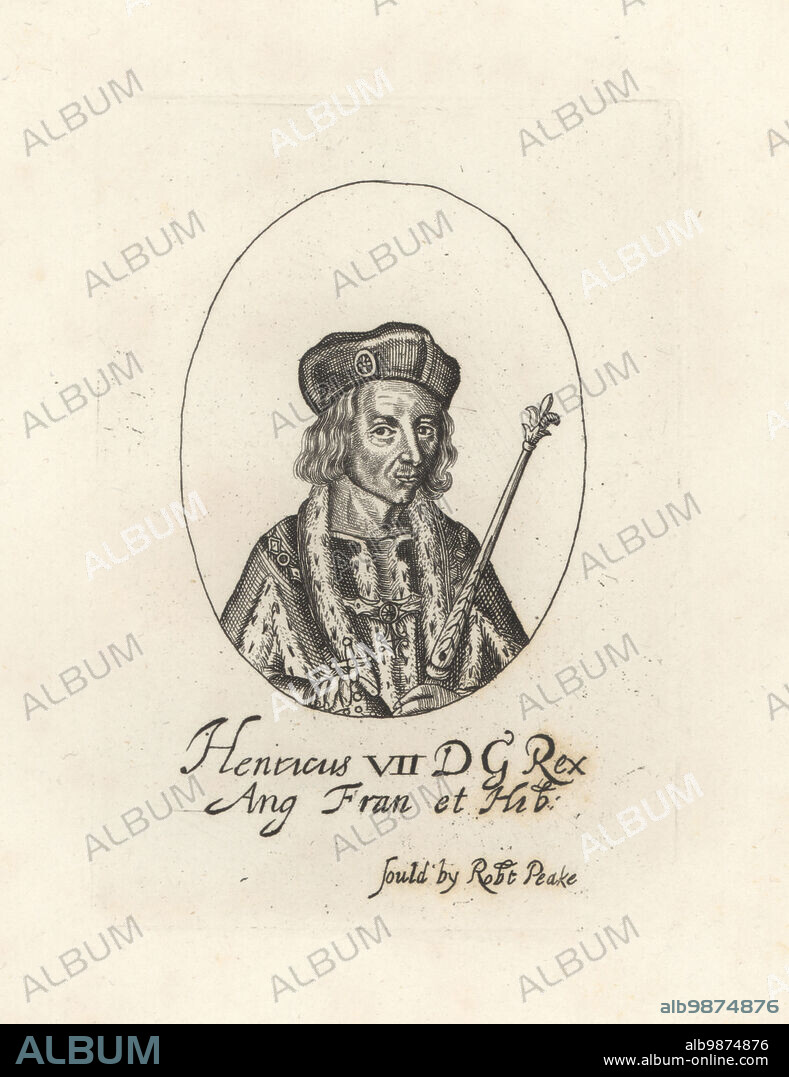 Henry VII, King of England and Lord of Ireland, 1457-1509. In hat, ermine mantle, holding an orb and sceptre. House of Tudor. King Henry VII of England. Henricus VII, DG Rex Ang Fran et Hib. From William Faithorne's set of Kings, sold by Robert Peake. Copperplate engraving from Samuel Woodburns Gallery of Rare Portraits Consisting of Original Plates, George Jones, 102 St Martins Lane, London, 1816.