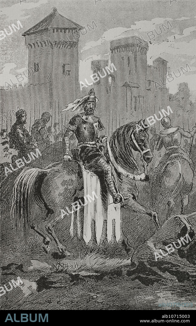 Defensa de Bizancio frente a los otomanos. El líder de la Gran Compañía catalana o de almogávares (1303-1305), Roger de Flor (h. 1267-1305), conteniendo a sus almogávares en el arrabal de Pera, en Bizancio. Grabado. "Glorias Españolas". Tomo II. Publicada en Barcelona, 1890.
