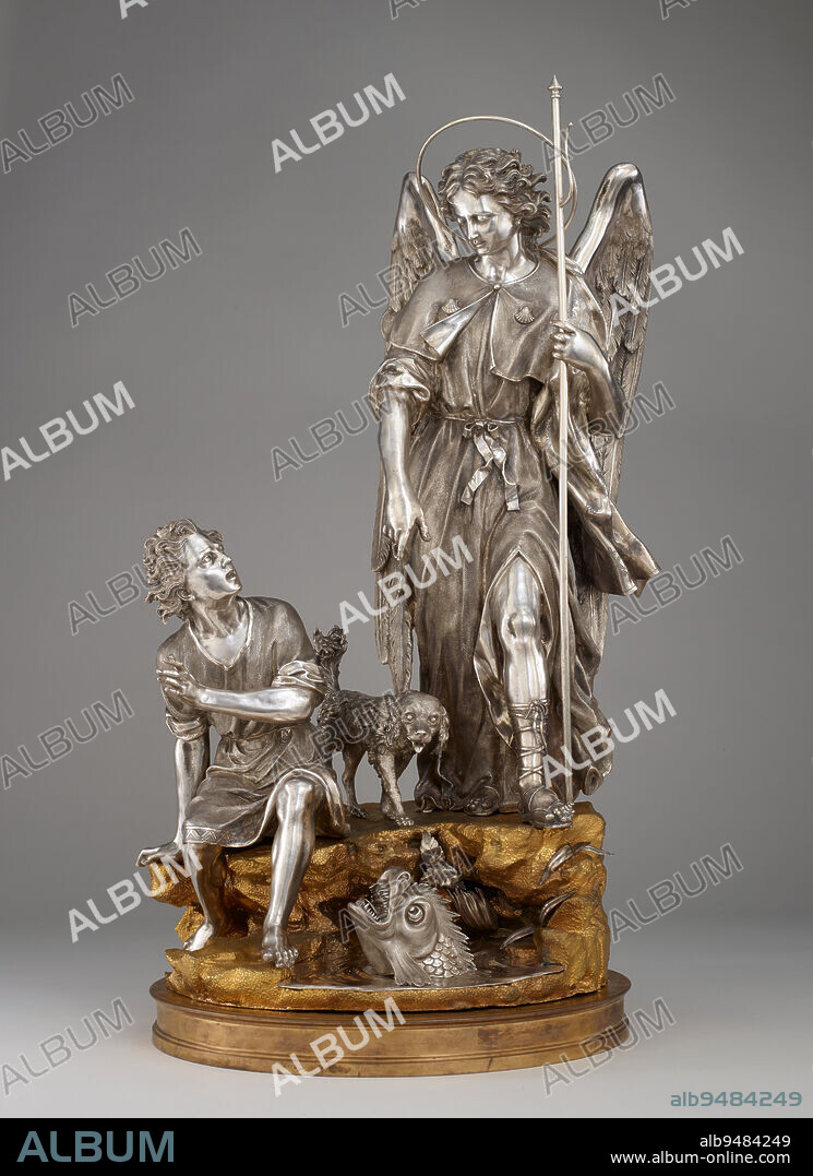 Saint Raphael with Tobias, His Dog, and the Fish, c. 1780, Giuseppe Sanmartino, Italian, 17201793, 27 1/4 × 17 1/4 × 12 1/2 in. (69.22 × 43.82 × 31.75 cm), Silver, gilt bronze, Italy, 18th century, Tobias, a young Jewish man, has been sent by his blind father to retrieve money left with a relative. Accompanying him on the journey are his dog and a hired guide who, unbeknownst to him, is the archangel Raphael. When they reach the Tigris River, Tobias is attacked by a monstrous fish. Raphael tells him to catch it and preserve its innards as medicines. Tobias later burns the heart and liver to free his future wife from a demon and uses the gall (bile) to cure his fathers blindness. The lively dog appears in other works by Sanmartinoit may have been the artists own pet.