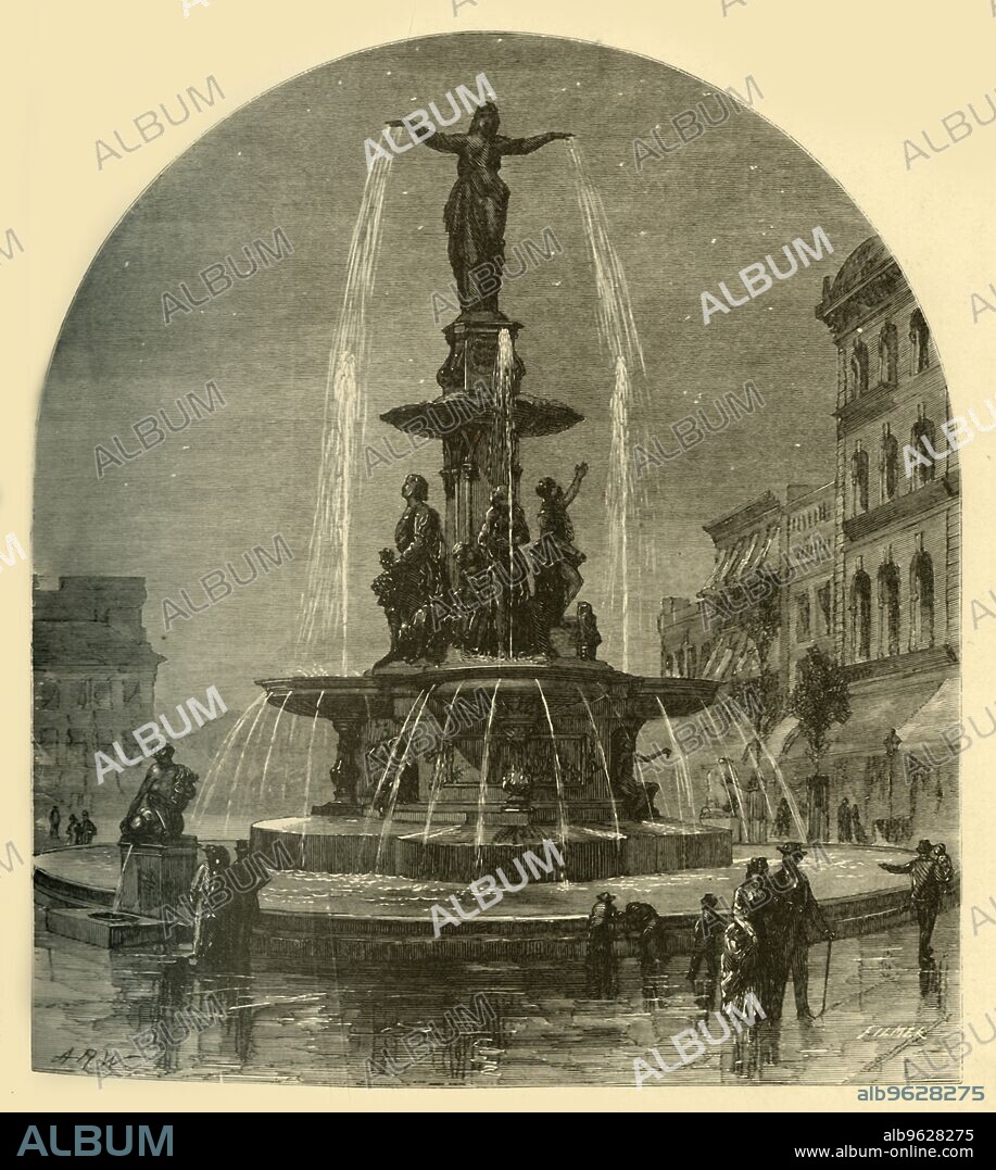 JOHN FILMER. 'The Tyler-Davidson Fountain', 1874. Fountain also known as 'The Genius of Water', cast by Ferdinand von Miller in 1867, Cincinatti, Ohio, USA. 'In the centre of the city is...one of the most beautiful fountains in the world. The figures are bronze, cast at Munich, Bavaria, at a cost of one hundred thousand dollars. The fountain is a memorial, presented to the city by one of its millionnaires, in memory of a relative. It bears the inscription, "To the People of Cincinnati"; and the people are constantly drinking from the four drinking-fountains at the corners, or looking up to the grand goddess above, who, from her beneficent, out-stretched hands, seems to be sending rain down upon a thirsty land'. From "Picturesque America; or, The Land We Live In, A Delineation by Pen and Pencil of the Mountains, Rivers, Lakes...with Illustrations on Steel and Wood by Eminent American Artists" Vol. II, edited by William Cullen Bryant. [D. Appleton and Company, New York, 1874].