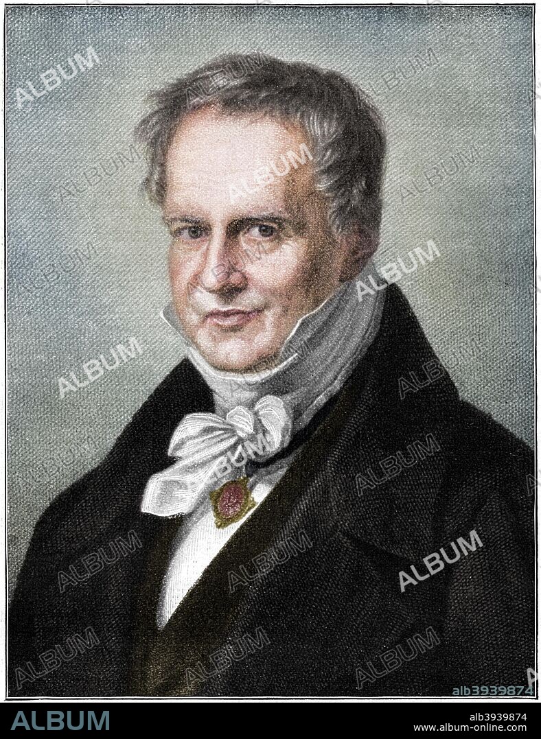 Alexander von Humboldt, Prussian naturalist and explorer, (1900). Humboldt's (1769-1859) interests included geophysics, geology and botany and he is sometimes called the founder of ecology. In 1800-1804, together with the French botanist Aime Bonpland (1773-1858), he explored the Orinoco and Amazon regions and collected 60,000 plant specimens.  (Colorised black and white print).