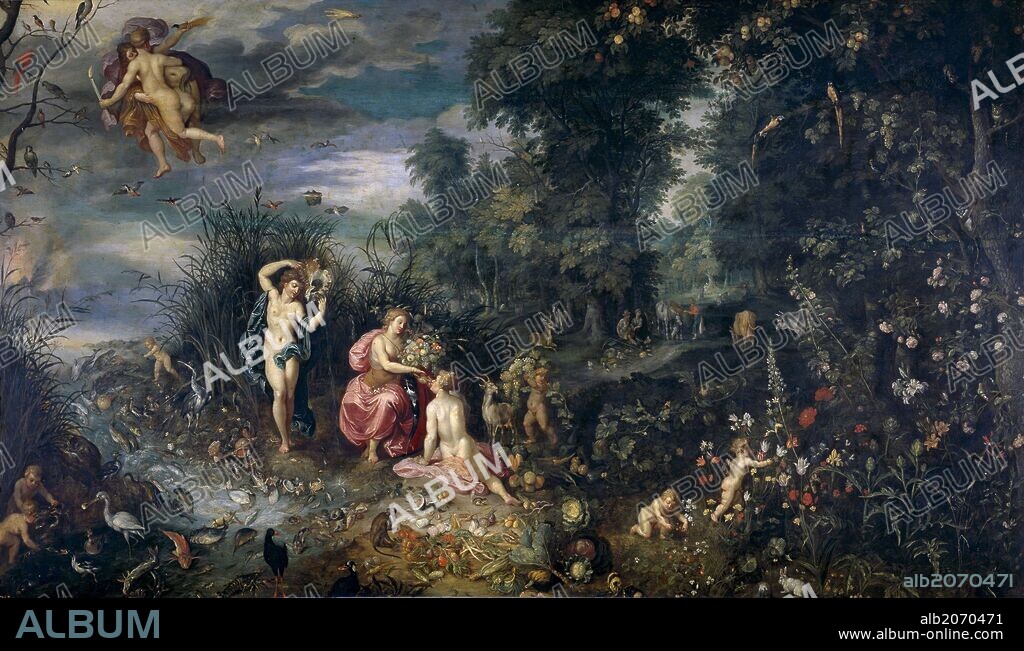 JAN BRUEGHEL EL JOVEN. Jan Brueghel 'el Joven' / 'La Abundancia y los Cuatro Elementos', Siglo XVII, Escuela Flamenca, Óleo sobre Tabla, 65 cm x 111 cm, P01400.