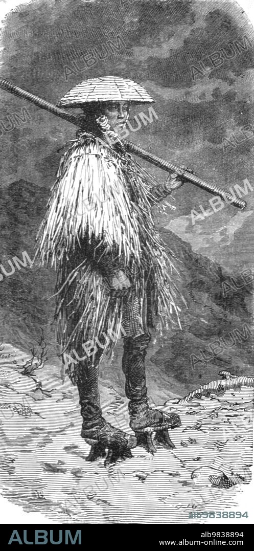 'Japanese peasant in winter costume; A European Sojourn in Japan', 1875.From, 'Illustrated Travels' by H.W. Bates. [Cassell, Petter, and Galpin, c1880, London].