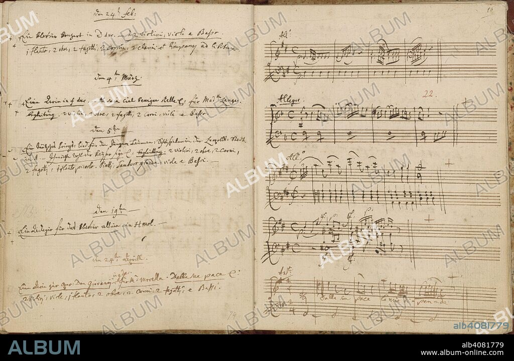 Mozart's Thematic Catalogue. VerzeichnÃ¼ss aller meiner Werke. 1784-1791. [Whole opening] Pages for 24 February to 24 April 1788 from Mozart's autograph thematic catalogue of his works, with dates and description on the left-hand page opposite the corresponding musical incipits. Piano concerto in D, the 'Coronation' concerto [K.537]; Aria for soprano and orchestra [K.538]; Song 'Ein Deutsches Kriegslied' [K.539]; Adagio in B minor for piano [K.540]; Aria for tenor 'Dalla sua pace' from Don Giovanni [K.527]  Image taken from VerzeichnÃ¼ss aller meiner Werke.  Originally published/produced in 1784-1791. . Source: Zweig 63, ff.15v-16. Language: German.