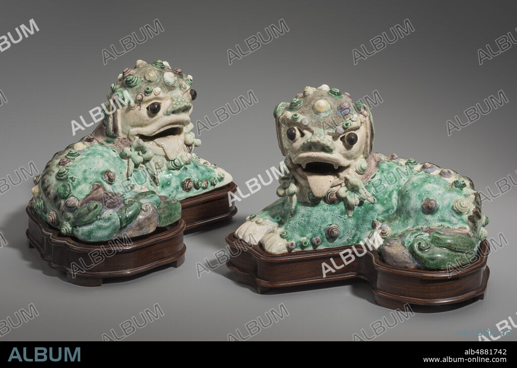 Chinese, Pair of Fu Lions Passant, Porcelain, Height: 3 1/2 in. (8.9 cm).