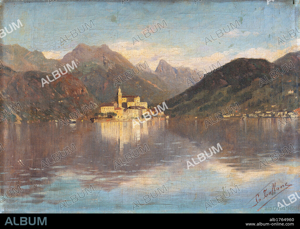 The Isle of San Giulio in the Lake Orta, by Cesare Tallone, 1874 about, 19th Century, oil on canvas, cm 27 x 38. Italy, private collection. All Isle of San Giulio Lake Orta water reflections mountains monastery light blue azure.