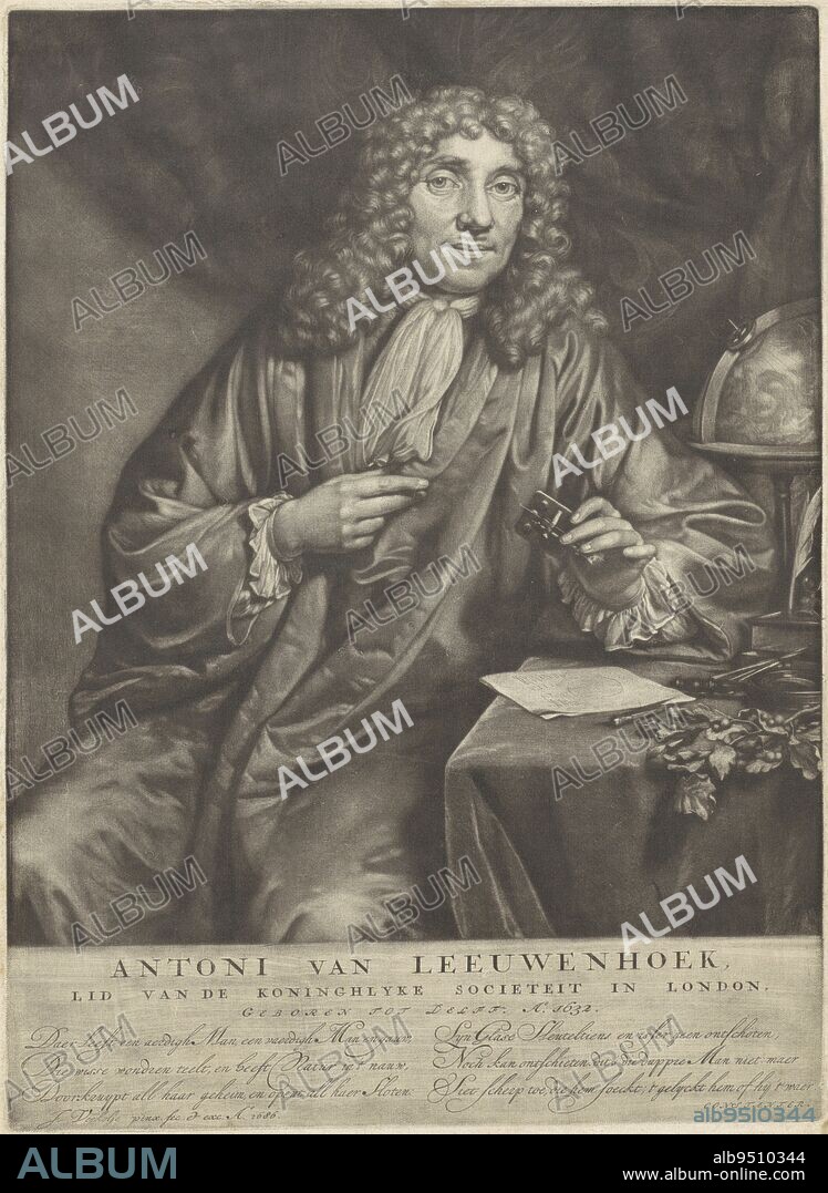 The merchant and scientist Anthony van Leeuwenhoek with the 'Van Leeuwenhoek' microscope in his hand. On the table on which he sits a globe, a branch, writing material and measuring instruments. In the margin are his name, date of birth and an ode, Portrait of Anthony van Leeuwenhoek., print maker: Jan Verkolje, (mentioned on object), after: Jan Verkolje, (mentioned on object), publisher: Jan Verkolje, (mentioned on object), Delft, 1686, paper, h 298 mm × w 216 mm.