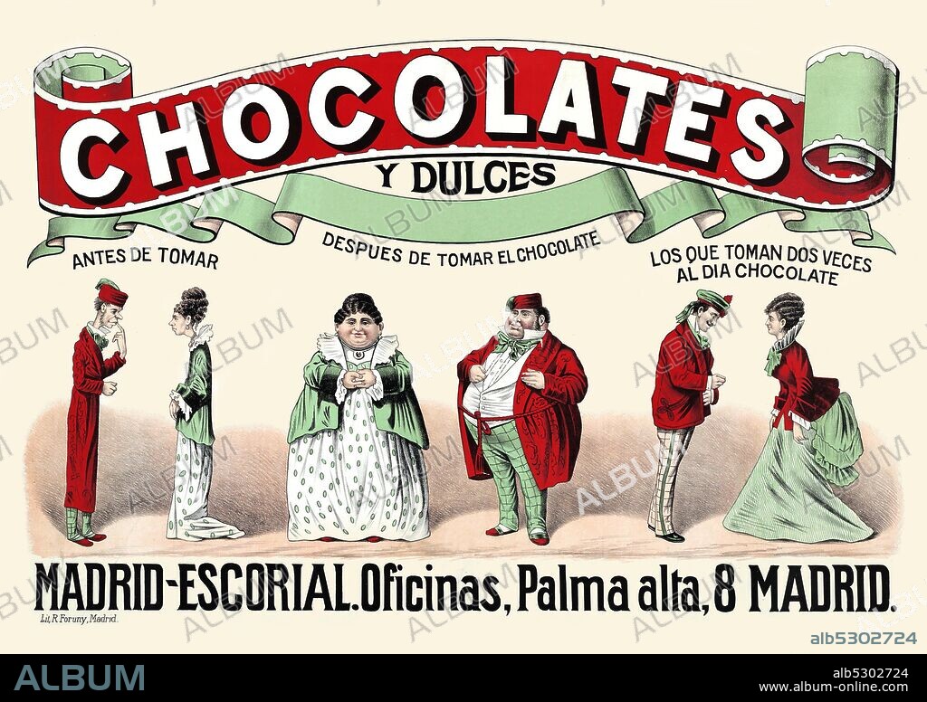 Spanish poster advertising the candy, a chocolate, made in Mardid by Matias Loez.  The company, officially called "Chocolates y Dulces Matías López", was founded in 1851 by Matías López y López and produced un 1964.  .