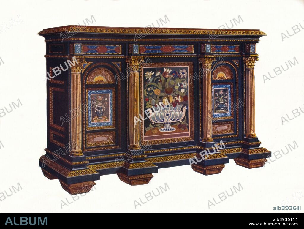 French Cabinet of Architectural Design, c1792. A George IV ormolu-mounted ebony cabinet inset with pietre dure. Originally part of the furniture of the Winter Palace, Saint Petersburg, Russia. From The Connoisseur 1905 [Otto Limited, London, 1905.].