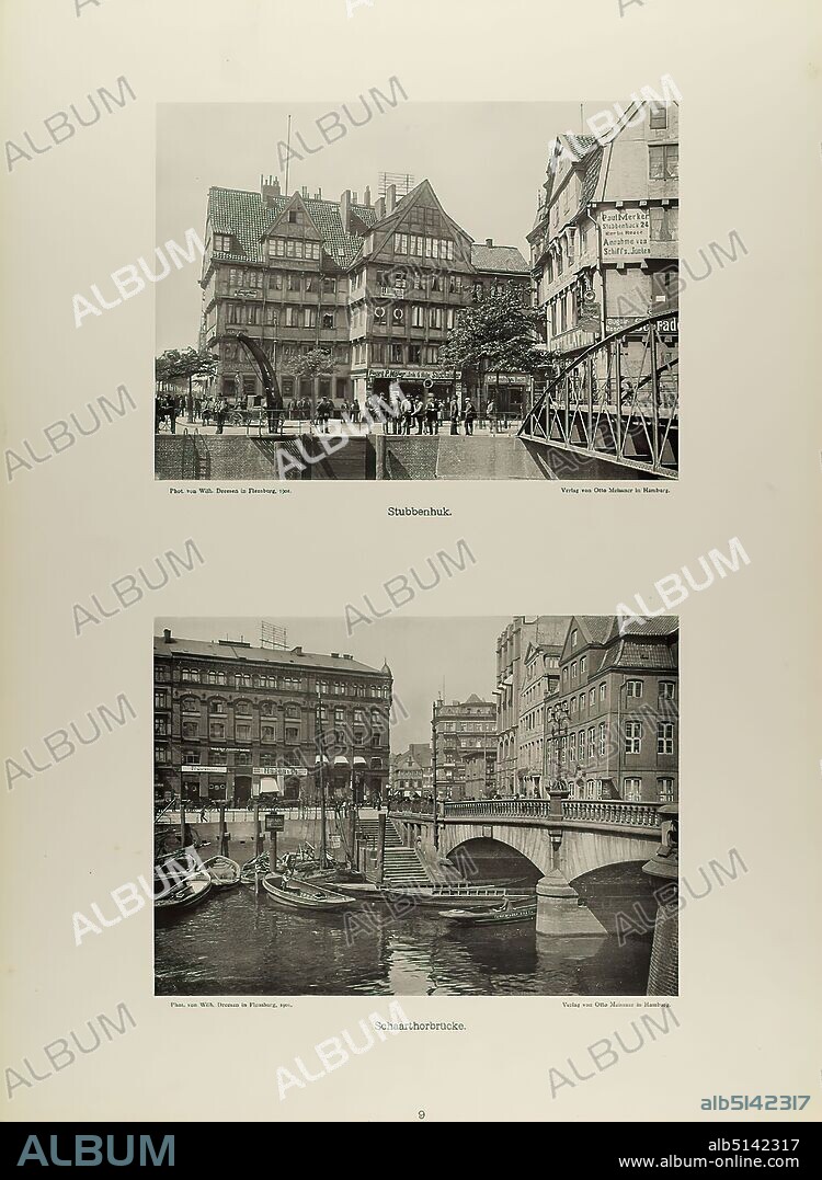 Wilhelm Dreesen, Otto Meissner, Stubbenhuk and Schaarthorbrücke from the portfolio Neue malerische Bilder aus der Freien und Hansestadt Hamburg und ihrer Umgebung, Staatliche Landesbildstelle Hamburg, collection on the history of photography, paper, collotype, Total: Height: 48,00 cm; Width: 35,00 cm, inscribed: recto u. Photographer, Publisher and title, travel photography, architectural photography, city, city view (vedute), canal.