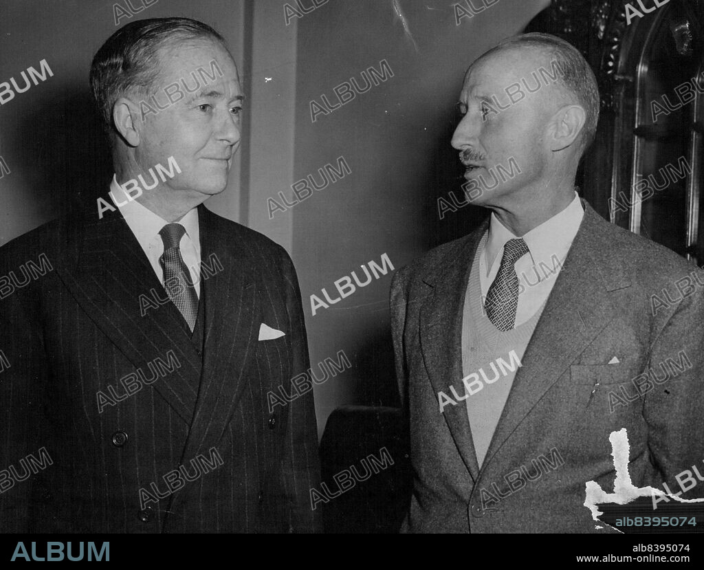 Australian Air Pioneer in London - Captain Patrick Gordon Taylor G.C., M.G., one of Australia mos distinguished Commissioner in London, Sir Thomas White at Australia House, Aldwych, London, today (Thursday). Captain Taylor, Australian air communications pioneer, is in Britain to take delivery of a short Sandringham Bermuda class flying boat in which he makes a series of Pacific air tourist cruises this year. In 1951 as captain of a catalina flying boat, Captain Taylor made the first crossing of the South Pacific from Sydney to Valparaiso.He began his flying career as a fighter pilot in the first World War. March 11, 1954. (Photo by Reuterphoto).