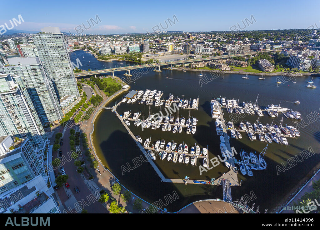 Aerial view, showing Yaletown, downtown, False Creek, Cambie Street Bridge, Vancouver, British Columbia, Canada, North America.