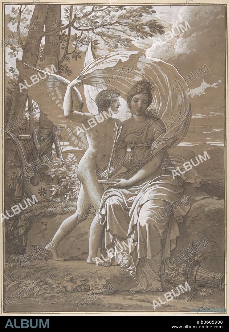 The Muse Erato Writing Verses Inspired by Love. Artist: Charles Meynier (French, Paris 1768-1832 Paris). Dimensions: 18 1/8 x 13 1/16 in.  (46 x 33.2 cm.). Date: ca. 1797.
In 1797 François-Bernard Boyer-Fonfrède, an industrial textile manufacturer, commissioned Meynier to paint nine canvases featuring Apollo and the Muses for a large room in his home in Toulouse. Meynier exhibited the painting based on this drawing at the Salon of 1800 but ultimately only completed five canvases, as his patron ran out of money. The paintings were installed in the hall of Wallenried Castle, Switzerland by General Castella de Berlens around 1824, where they remained until 1983. The group was acquired by the Cleveland Museum of Art in 2003.
In this study, Erato, the muse of lyrical poetry, writes verses using Love's arrow as he whispers in her ear. Typical of his style as a draftsman, Meynier sketched in his classicizing figures in a confident manner, using a muscular ink outline over a black chalk underdrawing.  A liberal use of white gouache lends the scene a painterly and sunlit quality. The drawing is squared in black chalk to facilitate the transfer of the design, but, nonetheless, the artist made several adjustments to the final composition. In the painting, Meynier significantly increases the amount of foliage, creating a feathery green frame around the figures. Reflections were also added to the pool along the lower margin and the toppled basket of flowers was righted and placed on the left side, by the lyre.