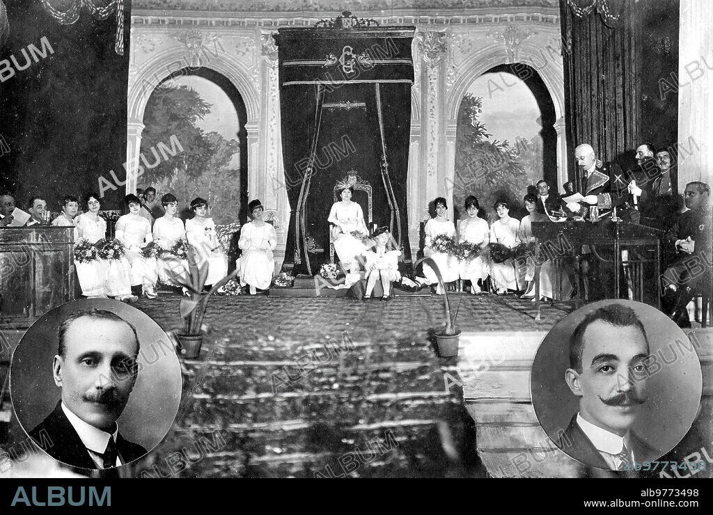 June 1918. Floral Games in Melilla. Appearance of the stage of the Reina Victoria theater during the Festival. The president of the scientific and literary athenaeum, organizer of the Contest, Mr. Martínez (X), reading his Speech. In the Circles, Mr. Carlos Luis de Cuenca (1), Maintainer, and Mr. Faustino G. Navarrete (2), poet Awarded with the natural flower.