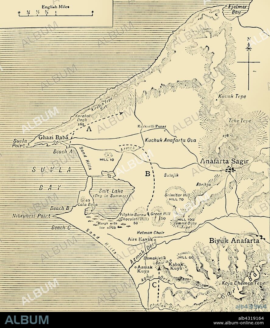Map of Suvla Bay, Gallipoli peninsula, First World War, 1915, (c1920). 'After the Suvla Bay Landing: Approximate Positions of General Stopford's Divisions on the night of August 7, 1915'. The Gallipoli peninsula in Turkey was the scene of heavy fighting between the allied forces of the British Empire including Australia, and New Zealand, and the Turkish Ottoman Empire. From "The Great World War - A History" Volume IV, edited by Frank A Mumby. [The Gresham Publishing Company Ltd, London, c1920].