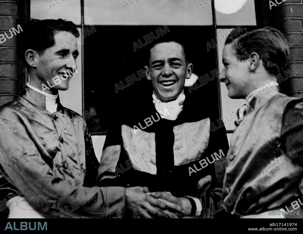 Jockey Des Coleman (centre), who will be married in Adelaide late this afternoon to Miss Barbara Heffernan, 19. of Hilton. He rode in two races at Caulfield before he left Melbourne. He was unplaced in the first, but came second on Rondalee in the other. Here Coleman is being congratulated by fellow jockeys P. King (left) and R. Ball before the first race. August 10, 1953.