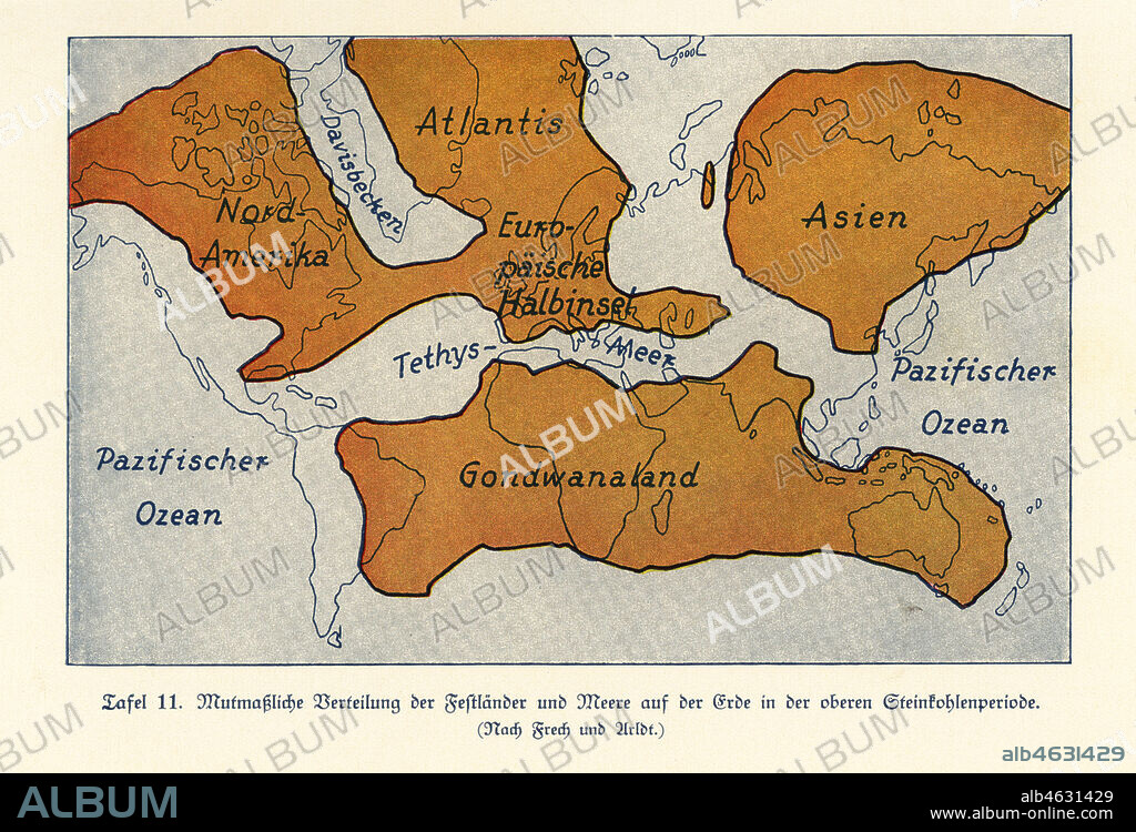 Map of the continents and seas in the Upper Carboniferous era. Atlantis, North America, Asia, European Peninsula, Gondwanaland. Colour print after an illustration from Wilhelm Bolsches Das Leben der Urwelt, Prehistoric Life, Georg Dollheimer, Leipzig, 1932.