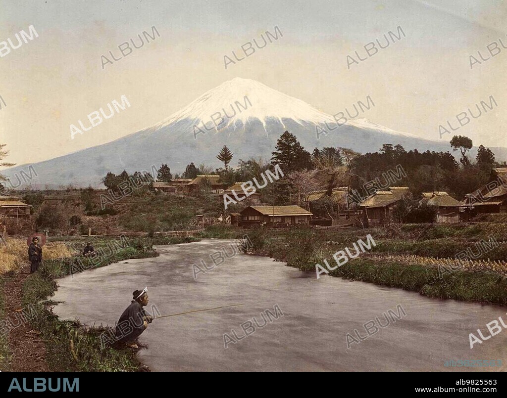 View of Mount Fuji from the village of Omiya, 1890, Japan, Historic, digitally restored reproduction from an original of the time
