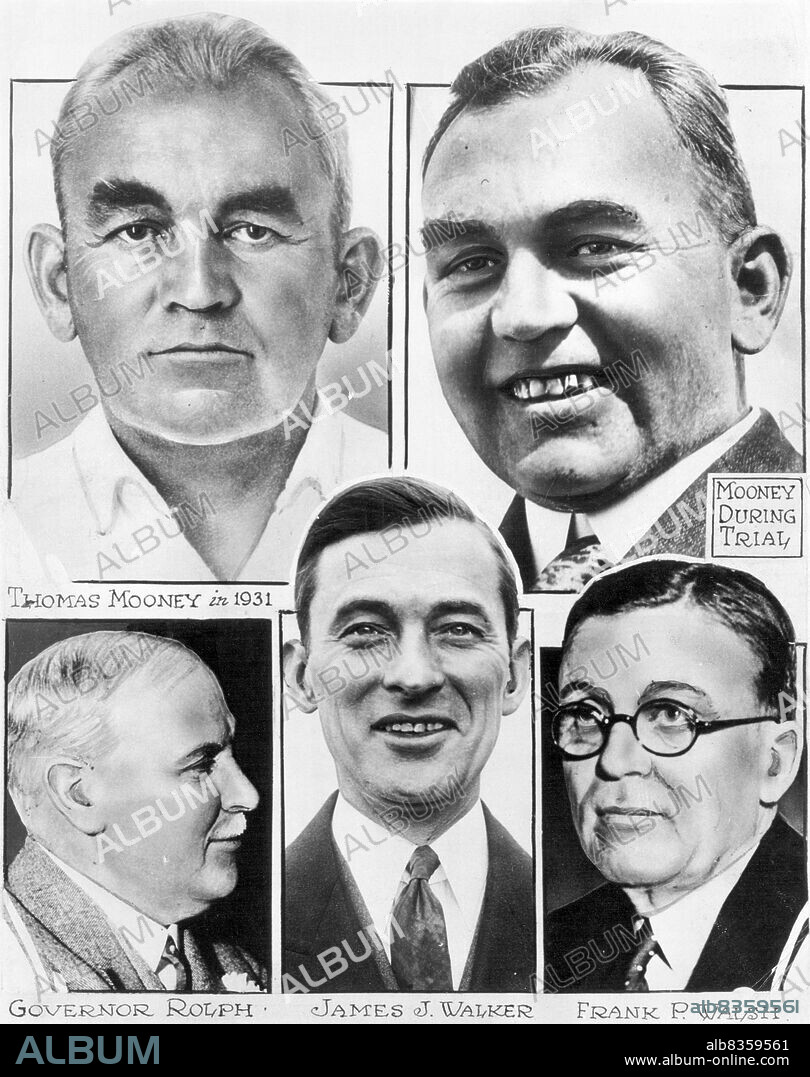 New York's Debonair Mayor, Now Traveling Westward to Free A Man From Prison. A Layout which contains photos of four of the principals in the present move to free Tom Mooney, former labor leader, from prison where he has been incarcerated since 1916 for his alleged part in the preparedness day Bombing in San Francisco in 1916, in which ten persons were killed. At the top are two photos of Mooney, one made at his trial and one made this year. Mayor James J. walker of New York, also shown, is now en route to Sacramento where he will plead with governor James Rolph, Jr. (lower, left) to free Mooney. At the lower right is Frank P. Walsh, Chief of Mooney's counsel, who will aid walker in his presentation of the release plea. November 24, 1931. (Photo by International Newsreel Photo).