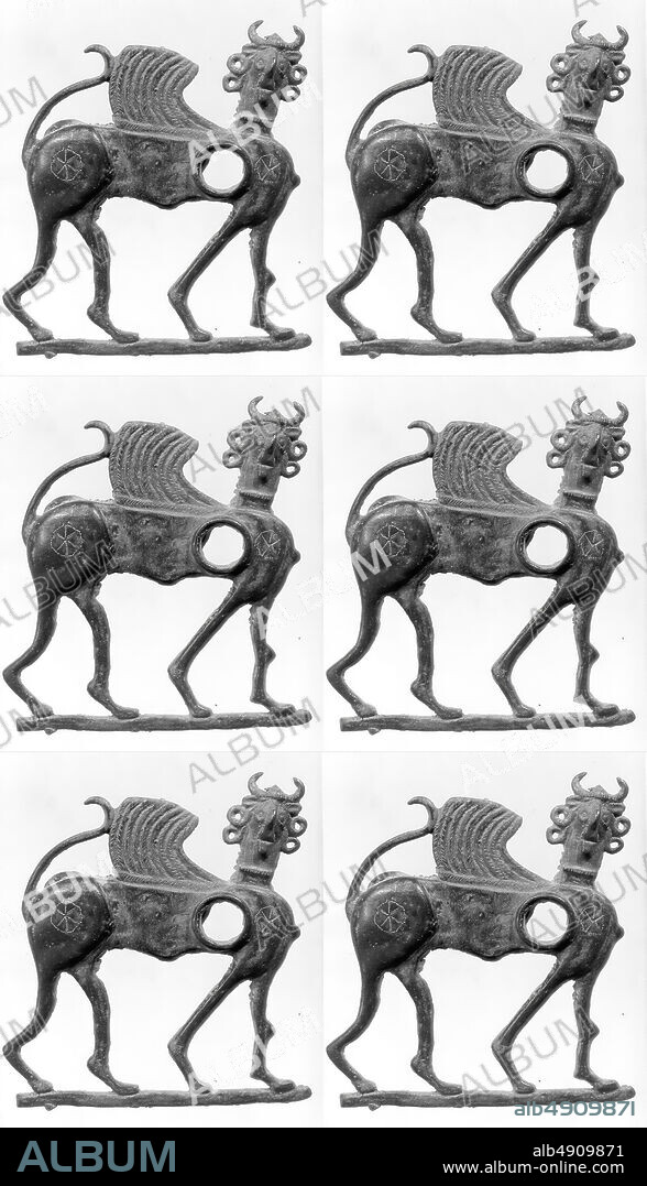 Horse bit cheekpiece in form of a winged, human-headed quadruped, Iran, Iron Age, Date ca. 8th century B.C., Iran, probably from Luristan, Iran, Bronze, 6.46 x 5.87 in. (16.41 x 14.91 cm), Metalwork-Equestrian.