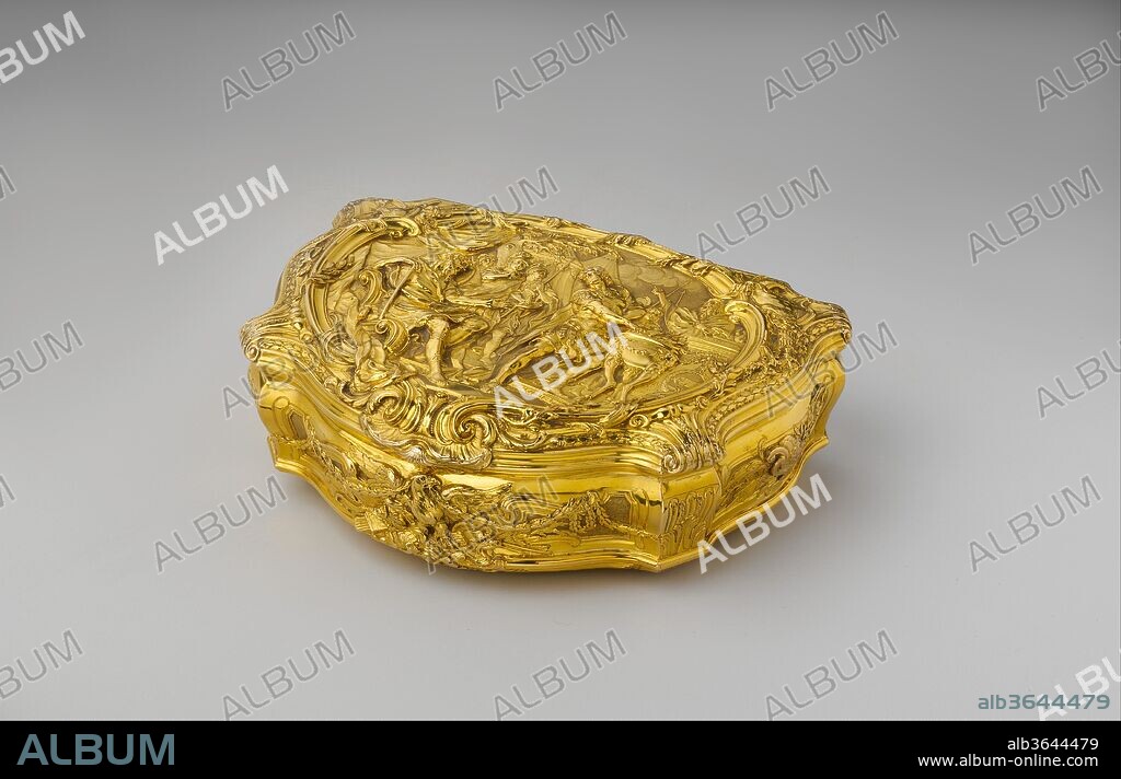 Box with scene depicting Roman hero Gaius Mucius Scaevola before the Etruscan king Lars Porsena. Culture: British, London. Dimensions: Overall (confirmed): 1 3/4 × 4 9/16 × 3 5/8 in. (4.4 × 11.6 × 9.2 cm). Goldsmith: P R (British, early-mid 18th century). Maker: Chased by George Michael Moser (1706-1783). Date: 1741.
Although this box is one of the finest surviving examples of eighteenth-century English goldsmiths' work, little is known about its manufacture and history, or even its intended function. The comparatively large size of the box suggests that it was not meant to contain snuff but rather may have served as a presentation box, intended to reward a specific feat or service. The box is marked with the initials "P. R.," which have been interpreted as the mark of a silversmith named Peter Russell, but this identification is far from conclusive. The only secure information is provided by the signature on the lid of George Michael Moser, followed by the date 1741. Moser was a chaser, the term for those who worked the surface of metal with hammers and punches in order to create low-relief decoration.
Born in Switzerland, Moser appears to have learned the skills of chasing and gilding from his father, and he moved to England in 1726 in search of better opportunities in his trade. By the late 1730s he was established as an independent gold chaser in London, and early in the following decade he was already recognized for his outstanding abilities. At Moser's death, the court painter Sir Joshua Reynolds (1723-1792) praised his chasing skills, "in which art he has always been considered as holding the first rank."[1]
Moser's abilities are readily apparent in the complex and beautifully executed compositions that decorate the top and bottom of this box. The cover is chased with a scene depicting the Roman hero Gaius Mucius Scaevola before the Etruscan king Lars Porsena. The underside of the box depicts the twin founders of Rome, Romulus and Remus, suckled by a wolf in front of a river god personifying the Tiber. In the clarity of forms and precision of detail, and especially in the fluid transition from low to high relief, Moser's work reflects chasing at its highest level of skill.
[1] Public Advertiser, January 30, 1783, quoted in Edgcumbe 2000, p. 85.