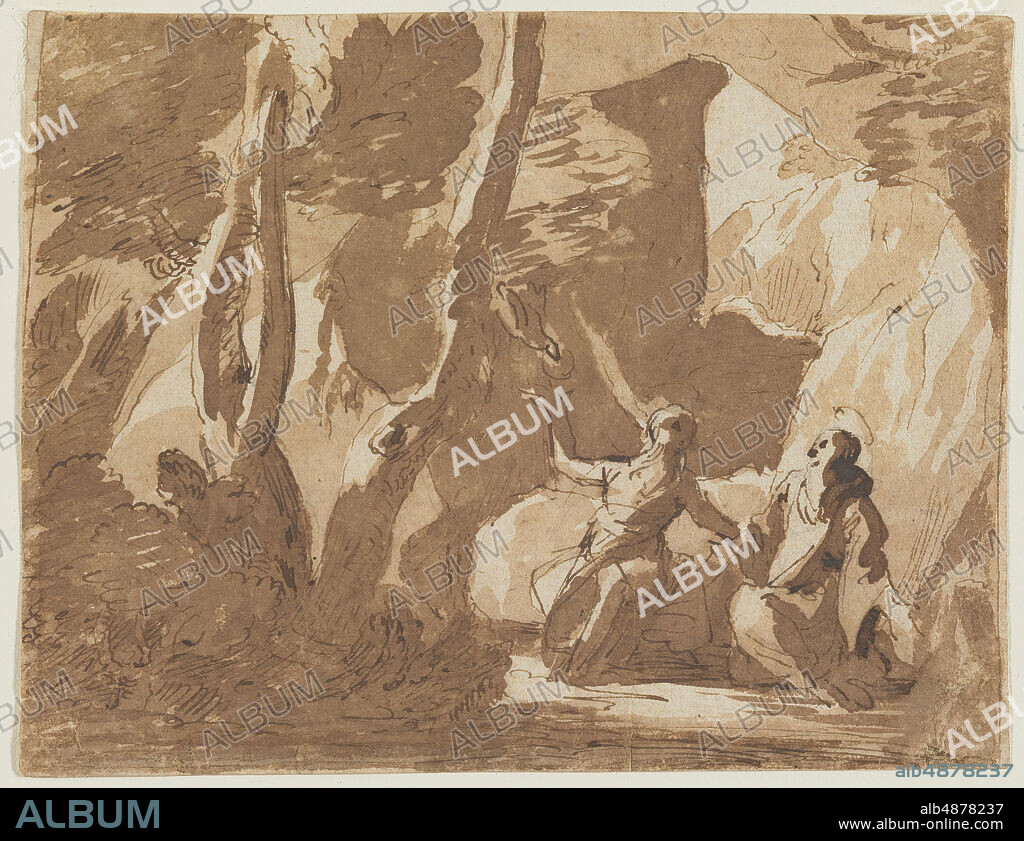 Charles Mellin, Saints Anthony and Paul in the Desert, 1635, pen and brown ink and brown wash on paper, 5 1/2 in. x 7 1/16 in. (14 cm. x 18 cm.), This study depicts the meeting between Paul of Thebes, then 113 years old, and Anthony the Great, at age ninety-three. A raven doubled the portion of its daily bread delivery to feed both hermits. The drawing is typical of Mellin's lively and nervous way of drawing, which is characterized by swift line work in ink and almost abstract washes broadly applied with a loaded brush. It is a compositional study marked by contrasts between three tones: that of the paper, which serves to suggest highlights, areas applied with light brown wash, for the mid-tone, and, finally, passages of dark brown ink. This sheet was likely drawn in connection with an unrealized or lost painting, since Mellin frequently made several overall compositional studies to refine the depiction of a particular subject before venturing to paint it.