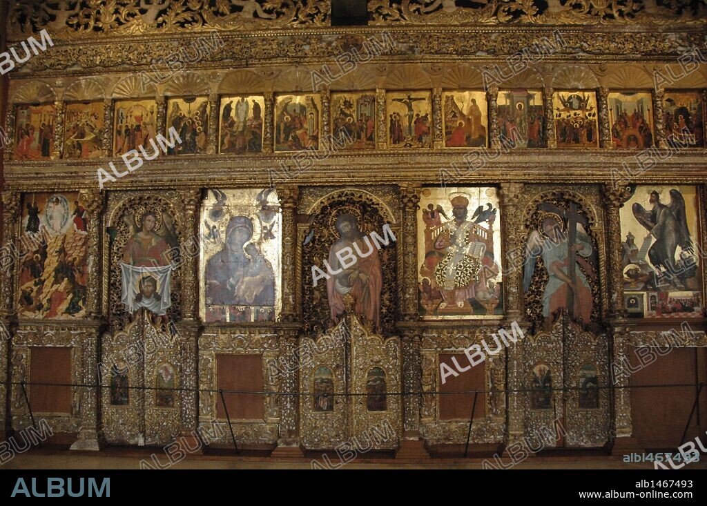 ARTE BIZANTINO. GRECIA. ICONOSTASIO de madera de Angelos MASKETIS procedente de la iglesia de Pantocratoras, 1683. Detalle. Museo Bizantino. Zante. Islas Jónicas.